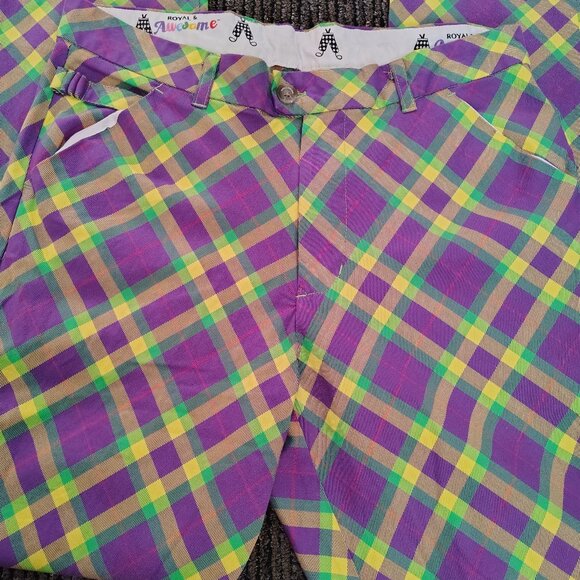 Royal & Awesome Men's Golf Pants Slim Fit Mardi Grass Golf Trousers Tartan Plaid - Picture 6 of 12